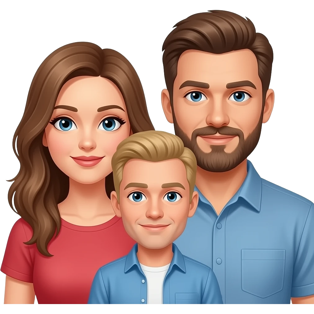 Une femme grande et chatain clair, un homme brun et barbu, un homme un peu plus petit et blond entre les 2 précédents emoji