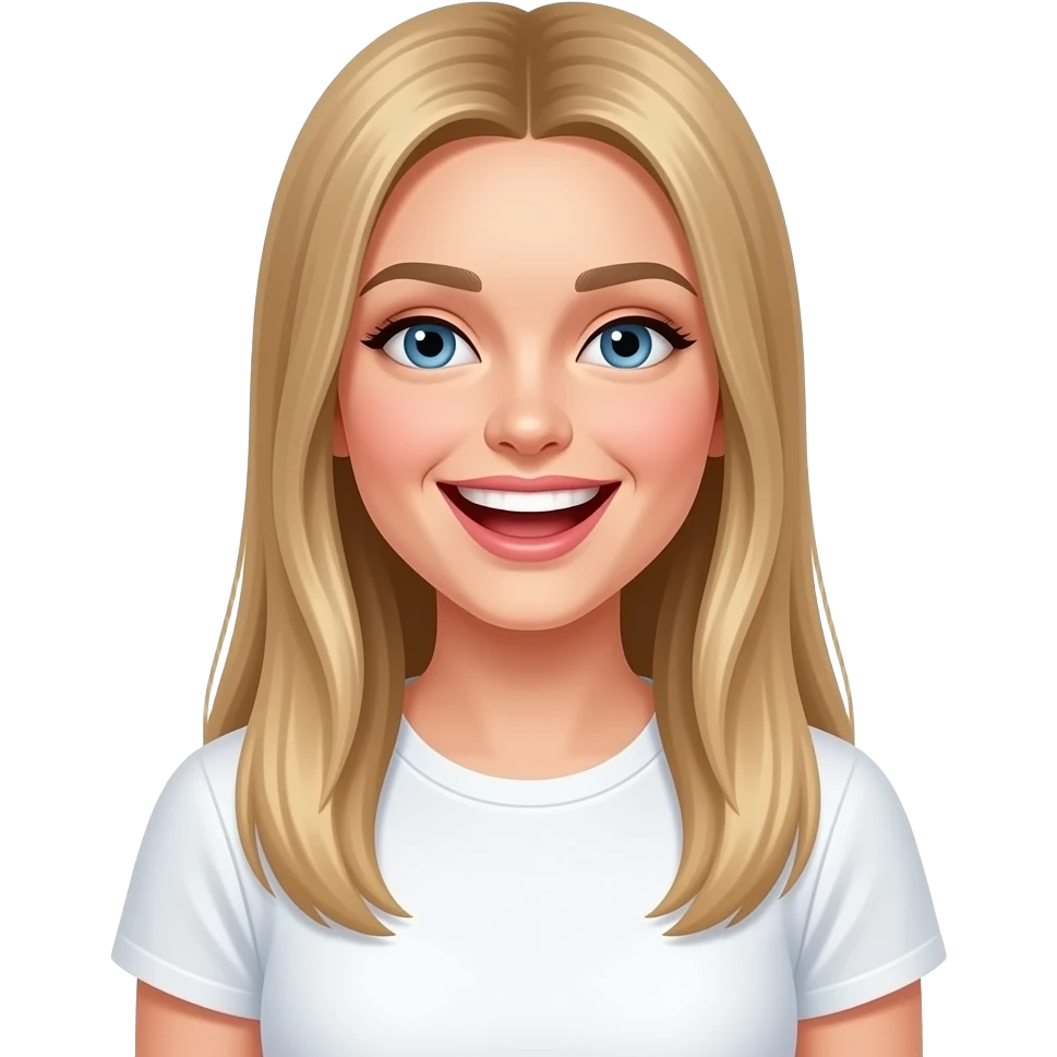 bella ragazza russa bionda capelli lisci lunghi e occhi chiari, con maglietta bianca ride molto divertita emoji