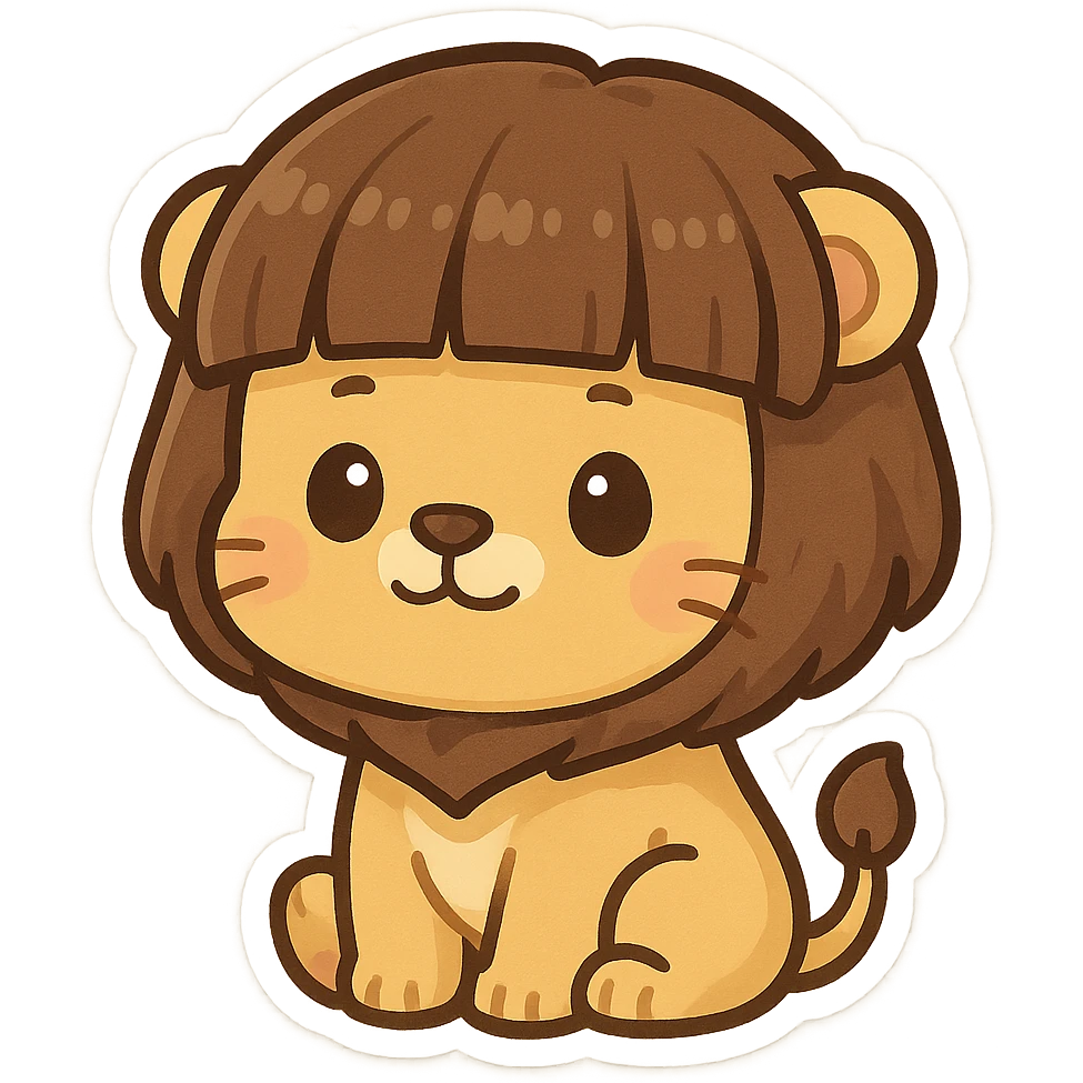 lion with a bowl haircut, straight bangs, cute and expressive, chibi stickers style emoji