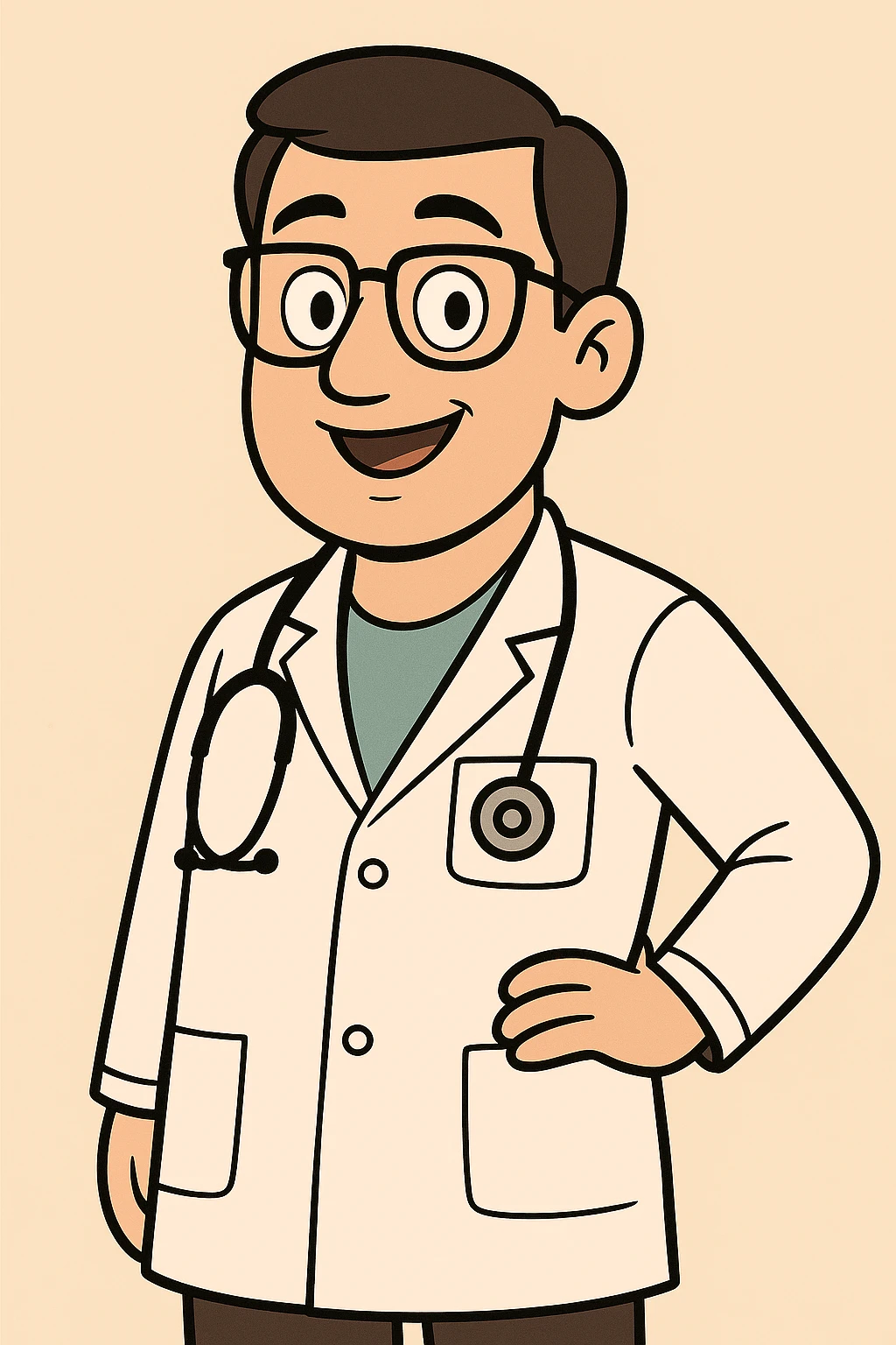 male doctor in modern cartoon style with white coat, stethoscope, friendly expression, vibrant and clean look emoji