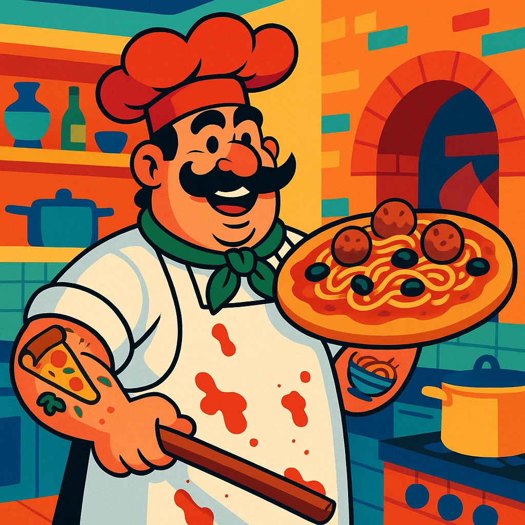A tall, burly Italian chef with a thick black mustache and a big red chef hat, wearing a white apron stained with tomato sauce. He’s holding an oversized, loaded pizza topped with spaghetti, meatballs, and olives. His tattooed arms show pizza and pasta motifs. Colorful and cartoonish style with exaggerated features and a lively Italian kitchen background. emoji