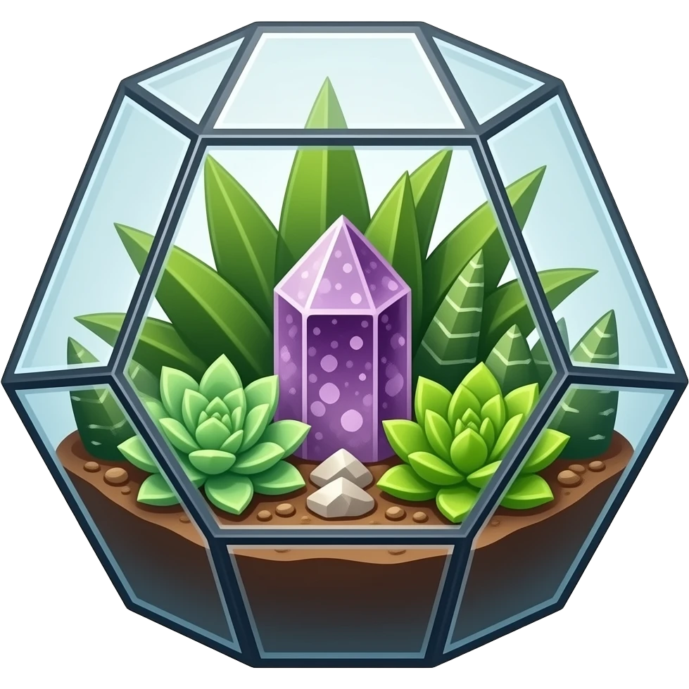 succulent geometrical terrarium with amethyst cluster inside emoji