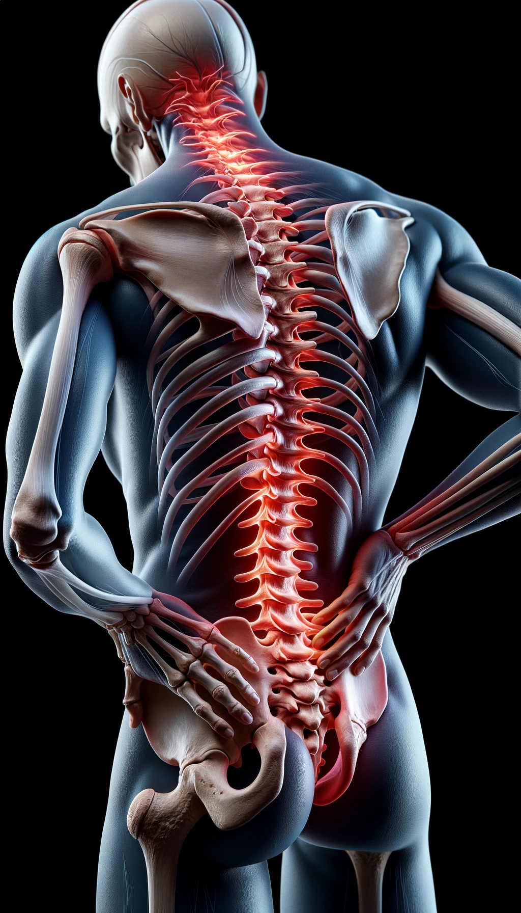corpo umano anatomico di profilo e fisico storto, spina dorsale in evidenza, dolore alla schiena su un lato, iperrealistico 4k emoji