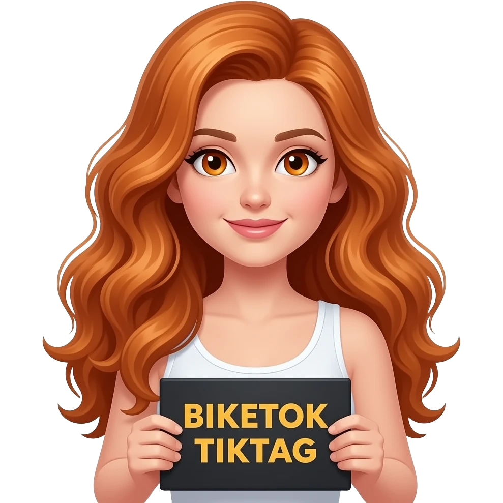sexy girl with long wavy ginger hair and ginger eyes wearing a white tanktop is holding a black colored sign with BIKETOK TIKTAG written on it emoji