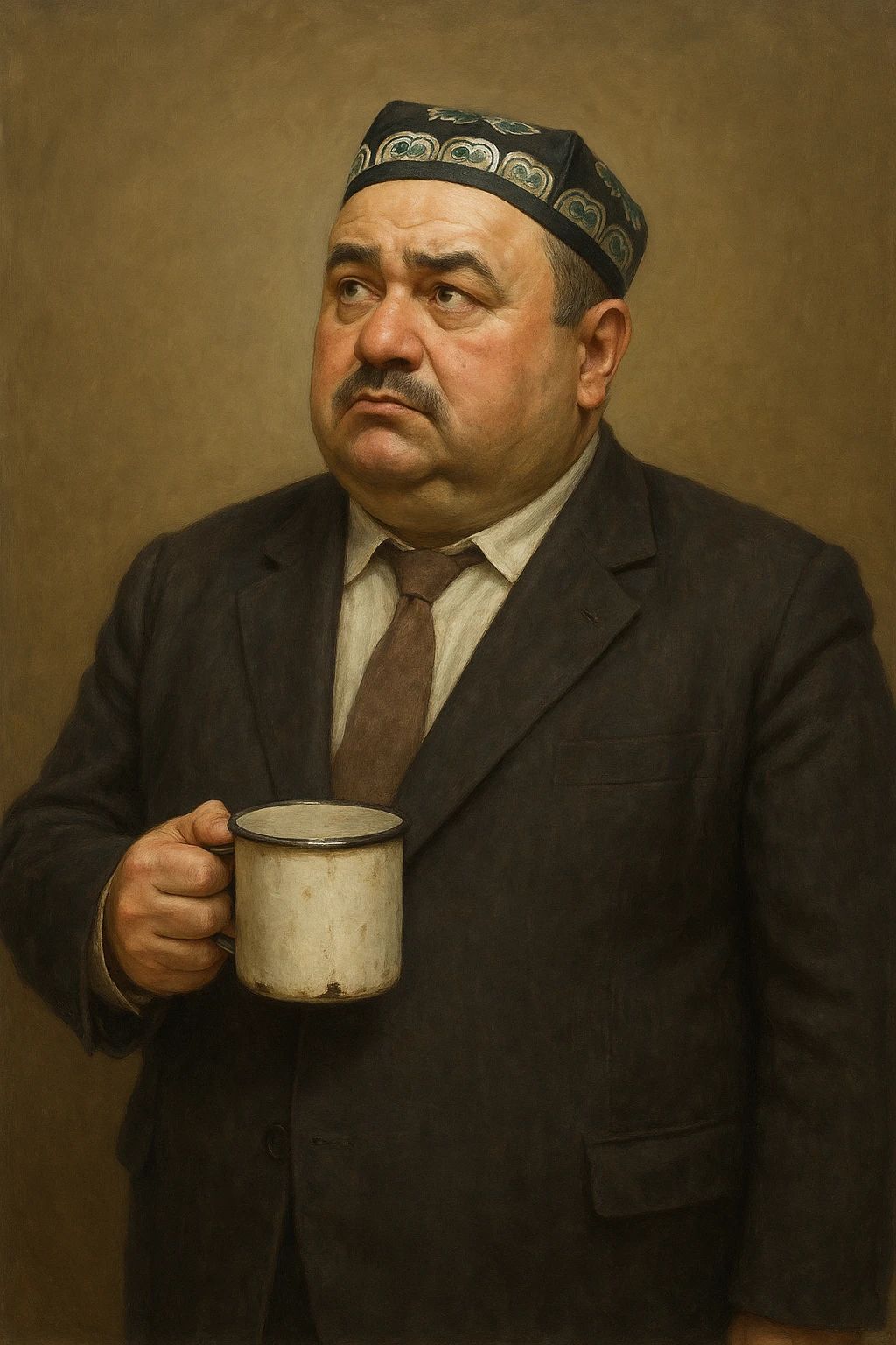 Сгенерируй мне с кружкой толстого чиновника в пиджаке и узбекской тюбитейке, он стоит как будто ждет что в кружку что то нальют, в стиле реалистичной живописи на однородном фоне. Кружка металическая советская. Он должен не обрезаться краями изображения и полностью помещаться в экран.  emoji