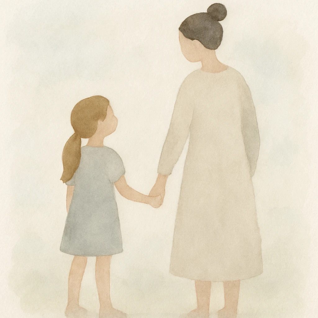 daughter holding hands with mother, soft watercolor style, pastel background emoji