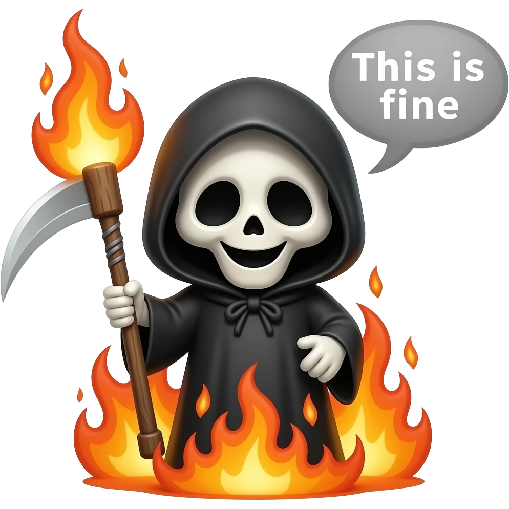 Cute funny grim reaper on fire saying this is fine emoji