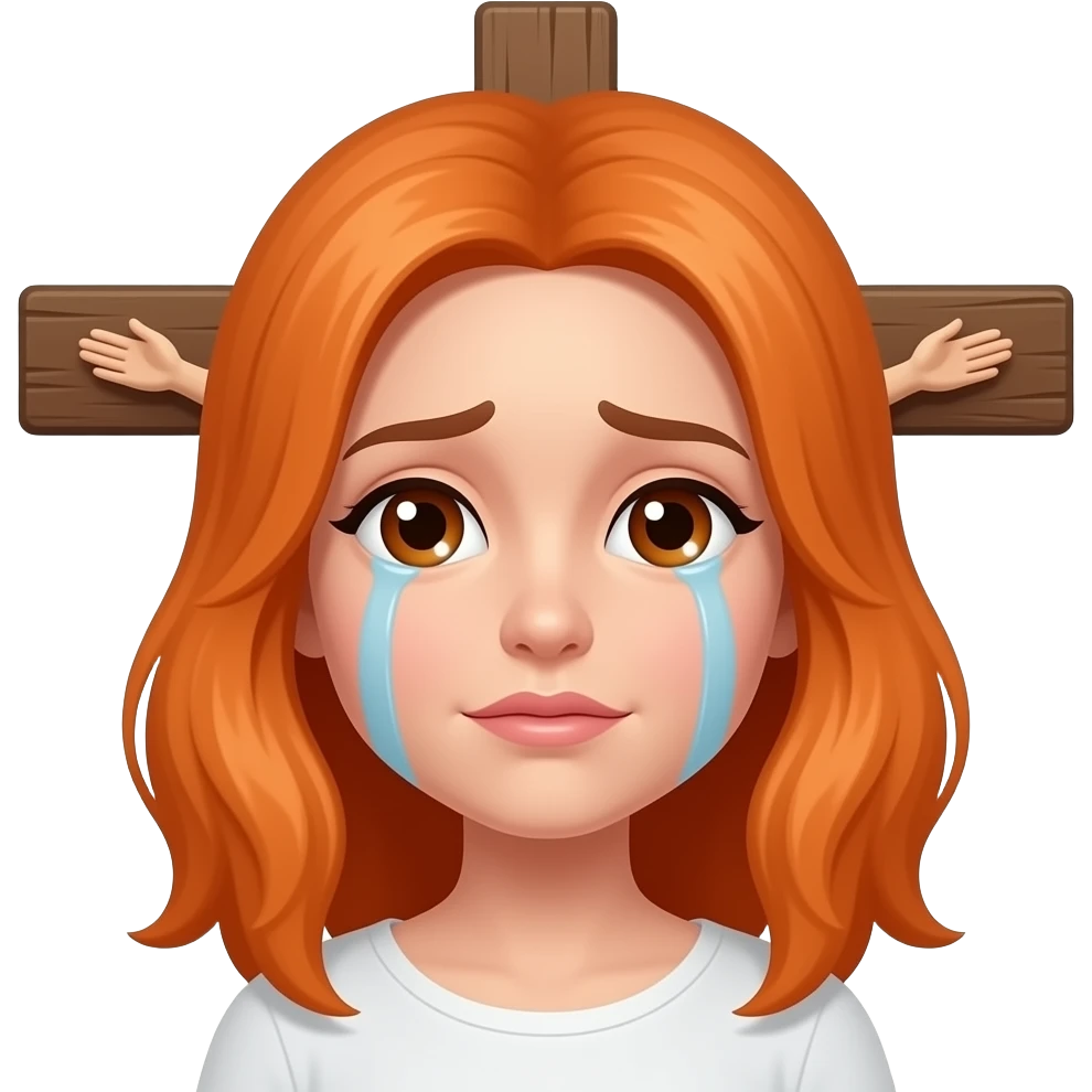 Woman crying with orange hair and brown eyes being crucified on a cross emoji