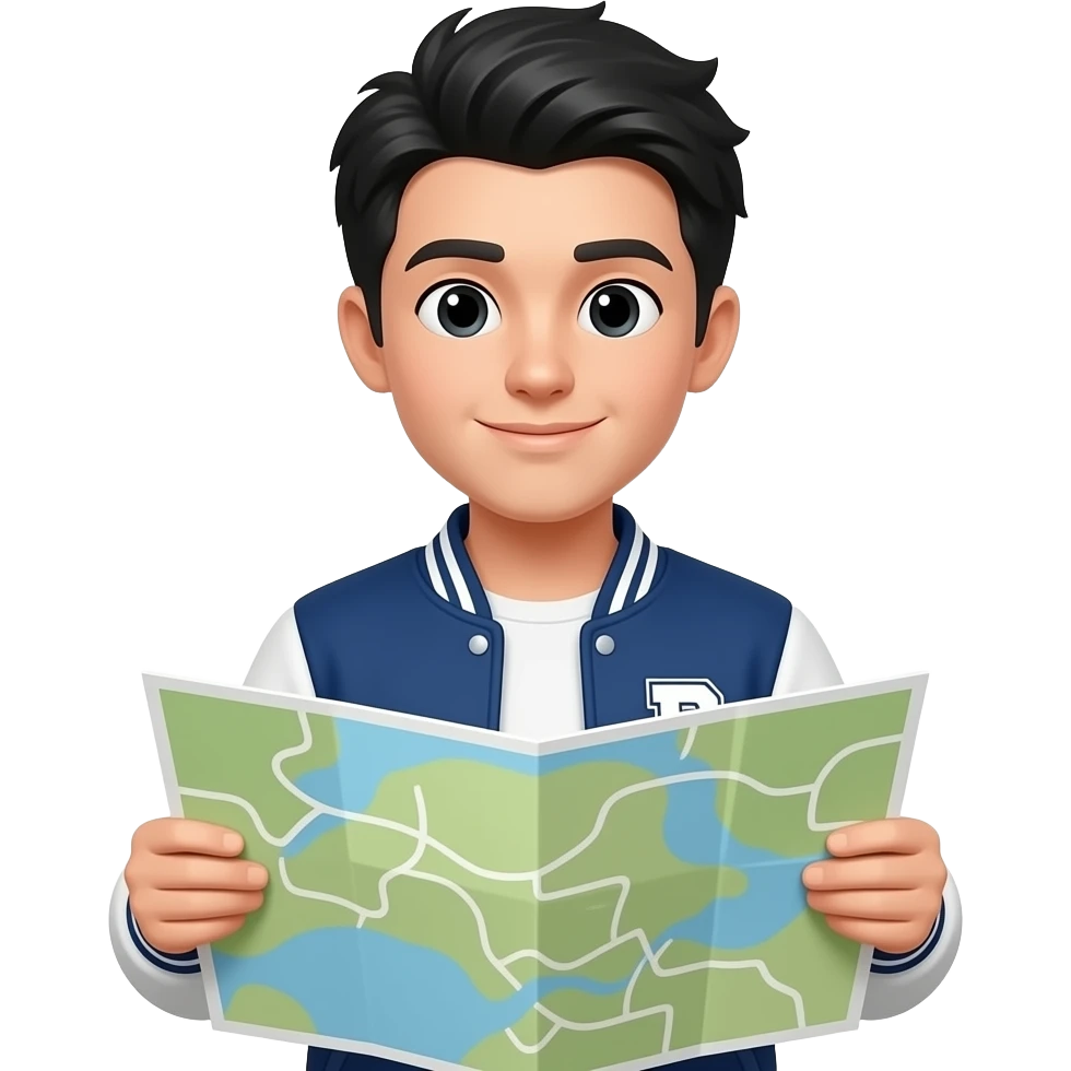 college student , black hair , with varsity jacket. hold a map emoji