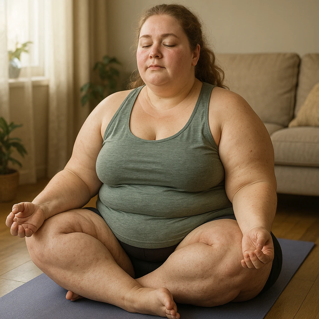 overweight woman doing yoga, stubborn fat on legs and thighs, hyper realistic 4K style, relaxing atmosphere, realistic details emoji