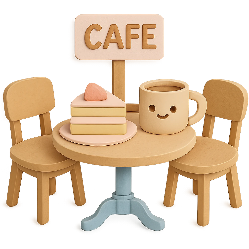 Regenerate a kawaii coffee shop table and chairs set with cake and coffee in the same paper craft style as the reference. Make it even more visually appealing, perfect looking, with crisp details, soft pastel colors, and a flawless hand-crafted texture. Emphasize cuteness and high quality. Keep the transparent background. emoji