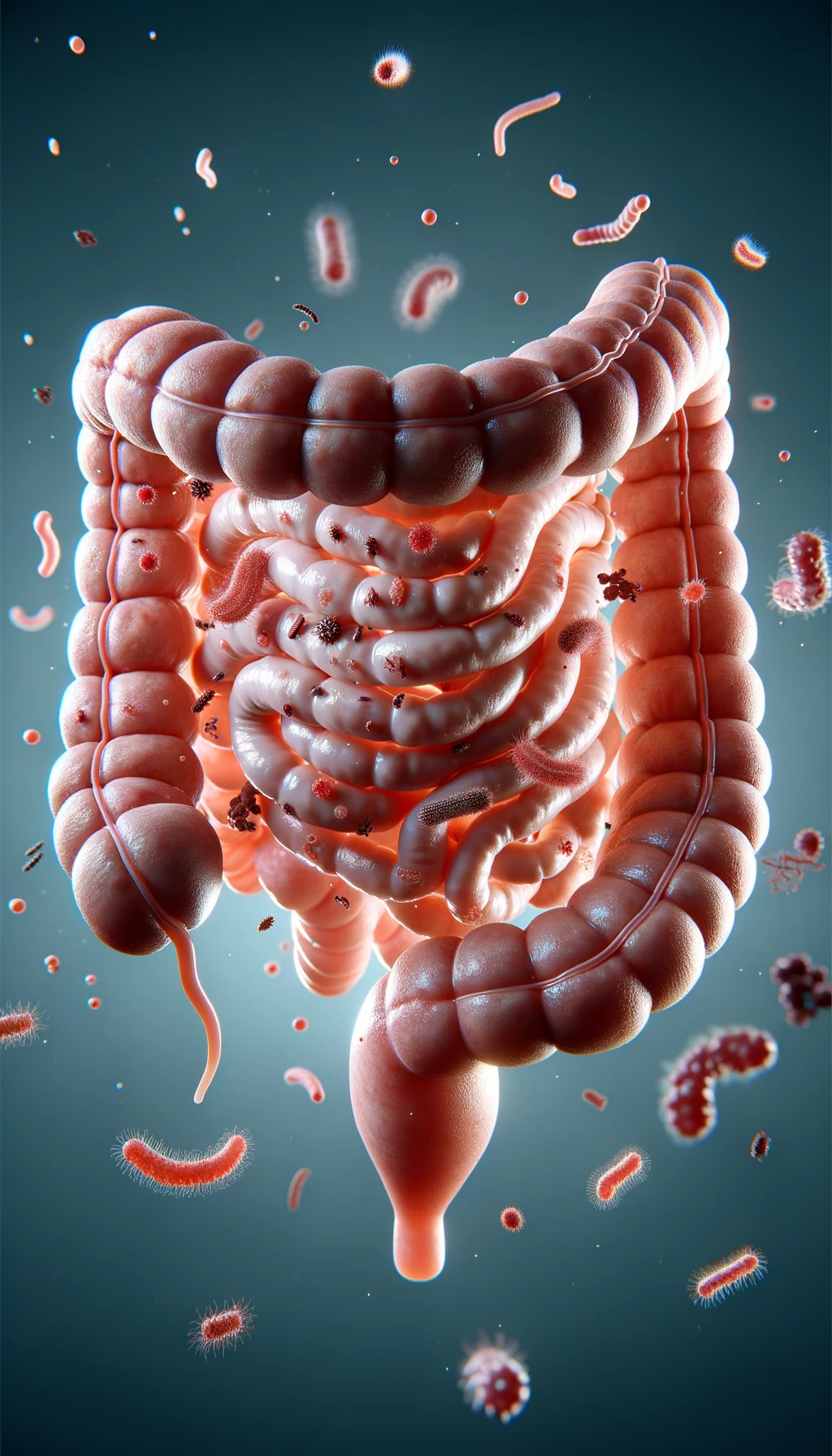 intestino umano realistico con batteri e parassiti che gli fluttuano intorno, iperrealistico 4k emoji