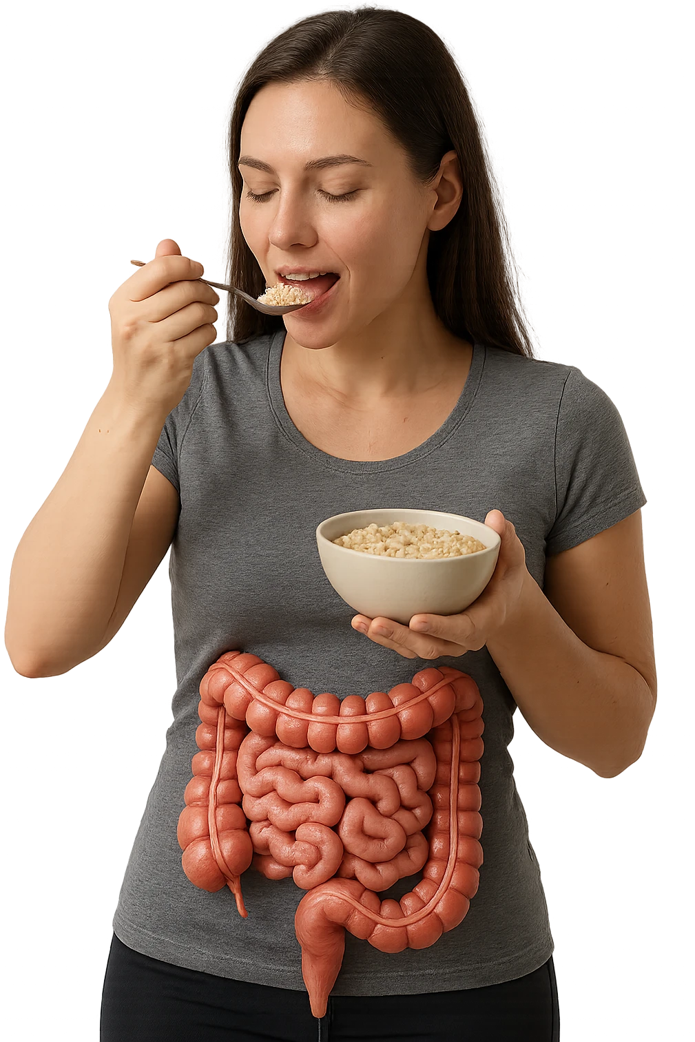 DONNA REALISTICA IN PIEDI CON INTESTINO UMANO ANATOMICO IN EVIDENZA CHE MANGIA UN PORRIDGE DI AVENA, iperrealistico 4k, SFONDO BIANCO emoji