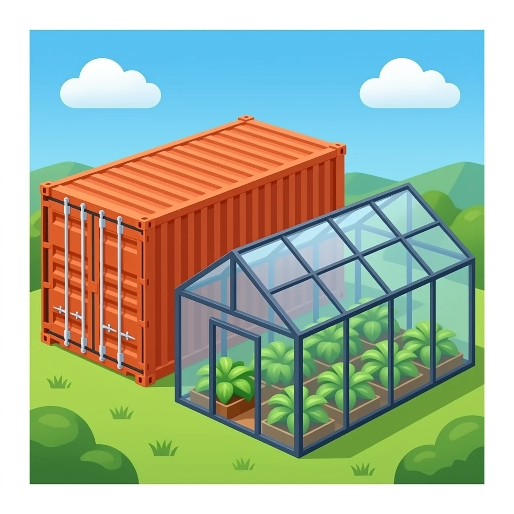 Shipping Container and Clear Shipping Container Greenhouse next to each other emoji