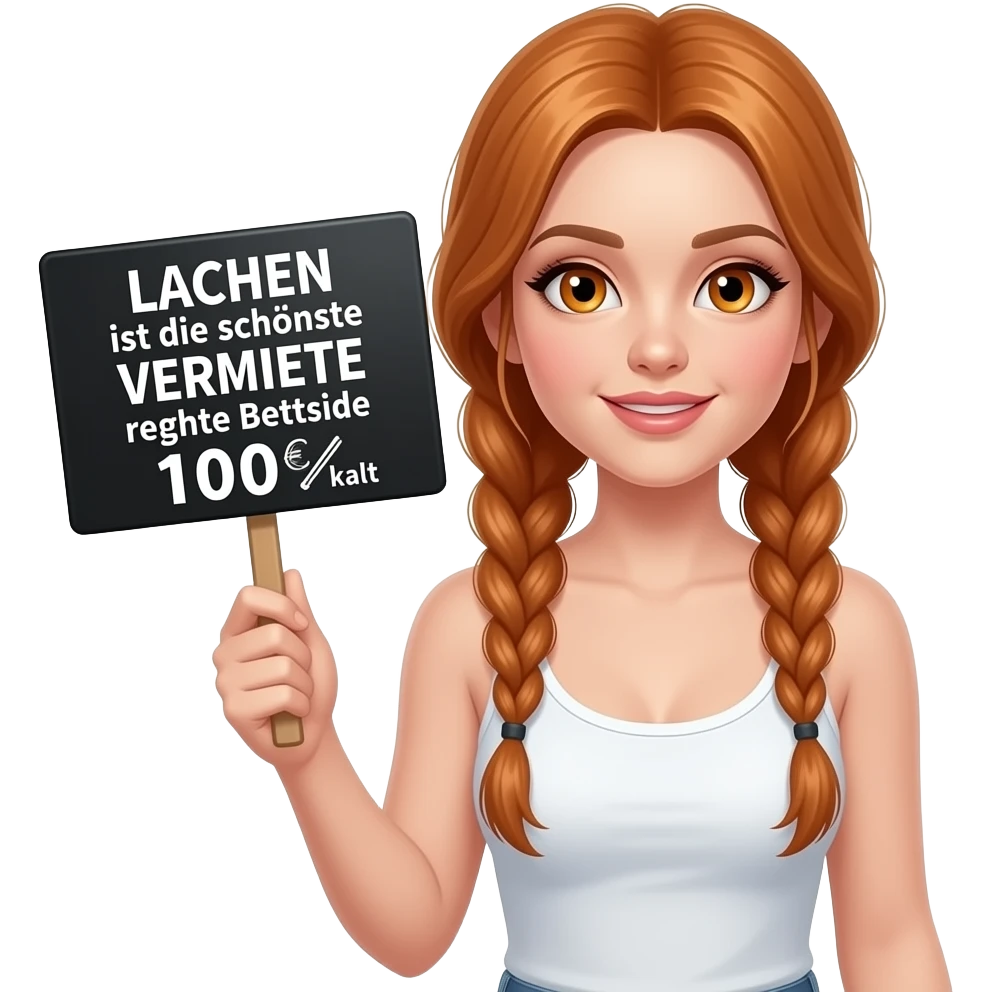 sexy girl with long ginger braids and ginger eyes wearing a white tanktop is holding a black sign with LACHEN ist die schönste VERMIETE rechte Bettseite 100€ kalt written on it emoji