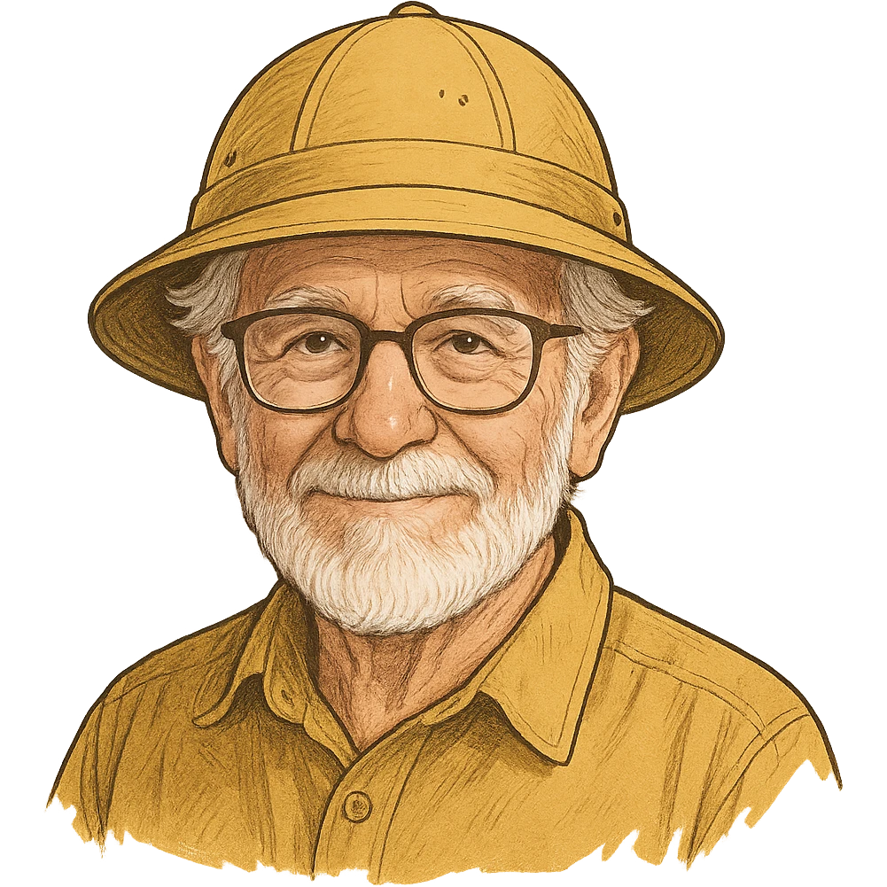 An elderly man with white hair and beard, wearing glasses and a yellow explorer hat emoji
