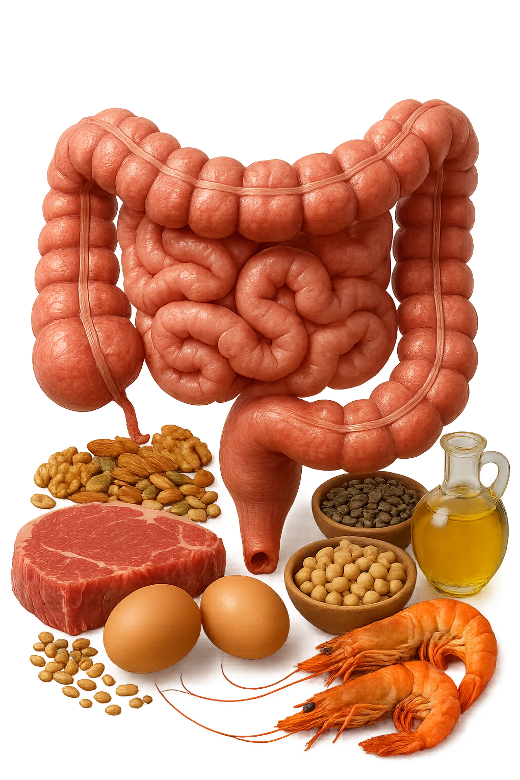 carne, uova, semi oleosi, legumi, crostacei insieme ad INTESTINO umanO realisticO, iperrealistici 4k emoji