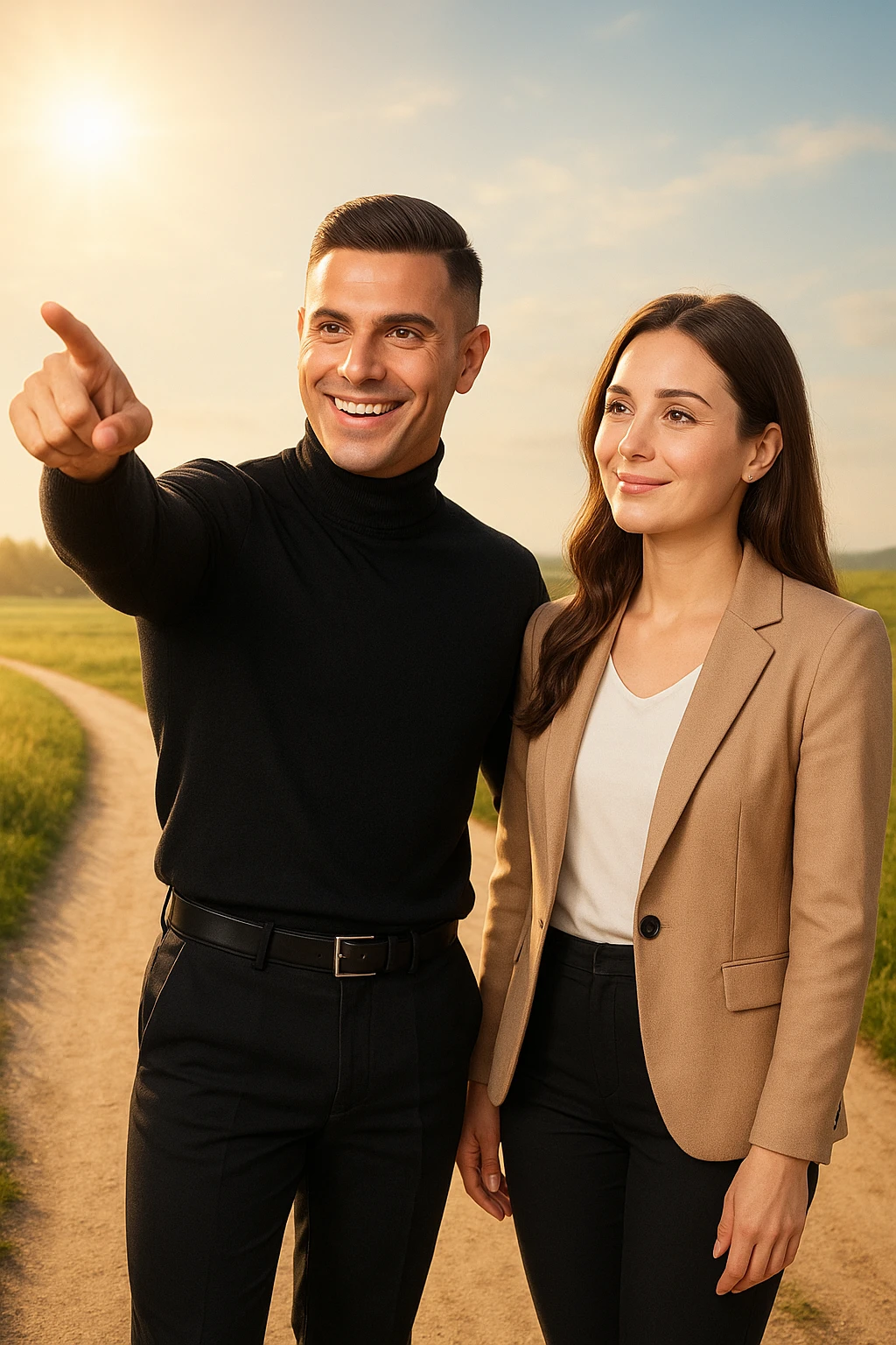 a man stands confidently at a crossroads, pointing toward a clear path ahead. Beside him, a woman looks at him con fiducia e serenità, pronta a seguirlo. Entrambi sono ben vestiti e sorridenti, immersi in un paesaggio luminoso che simboleggia nuove opportunità e un viaggio condiviso. emoji