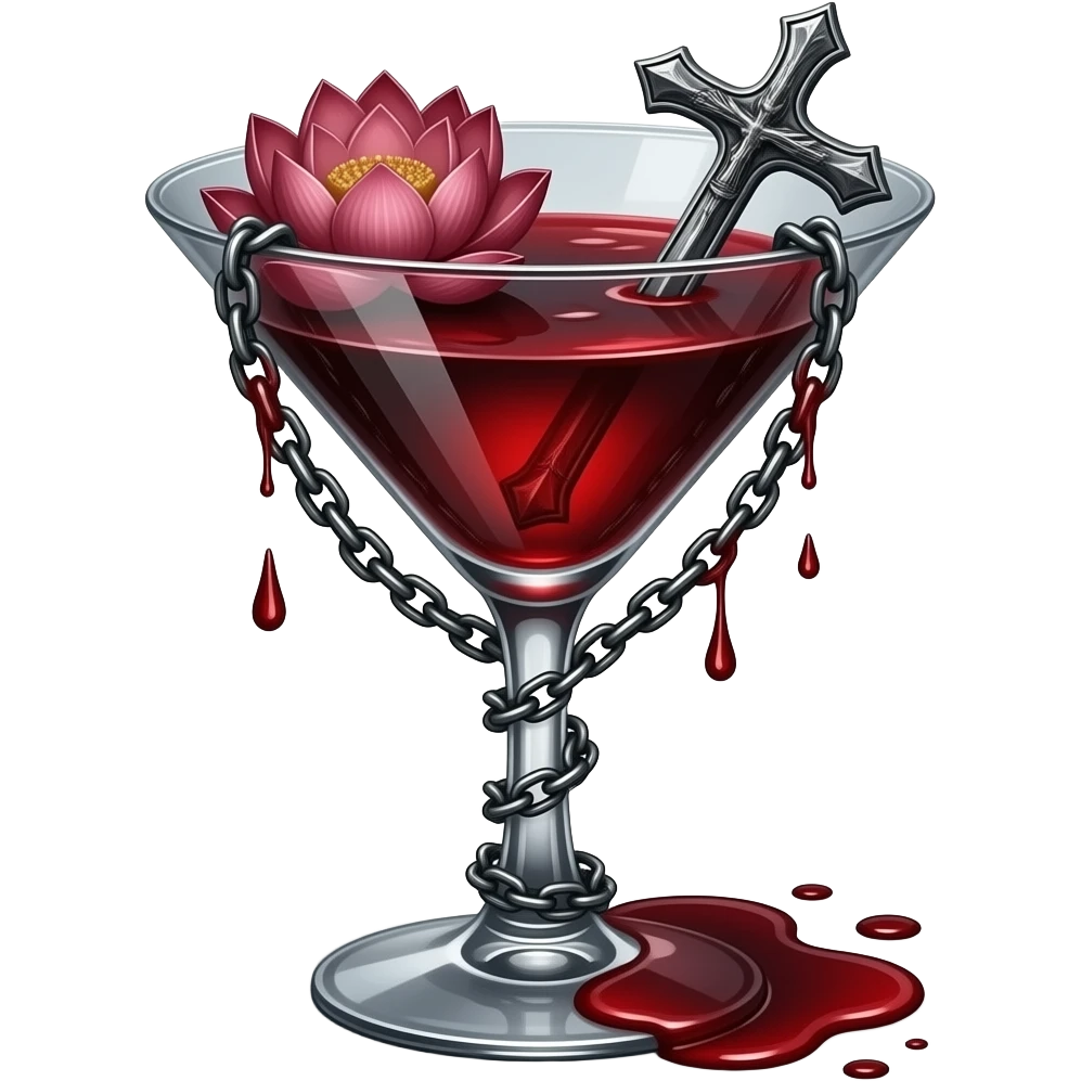 martini with blood and lotus & cross inside, gothic, dark, more blood, chains emoji