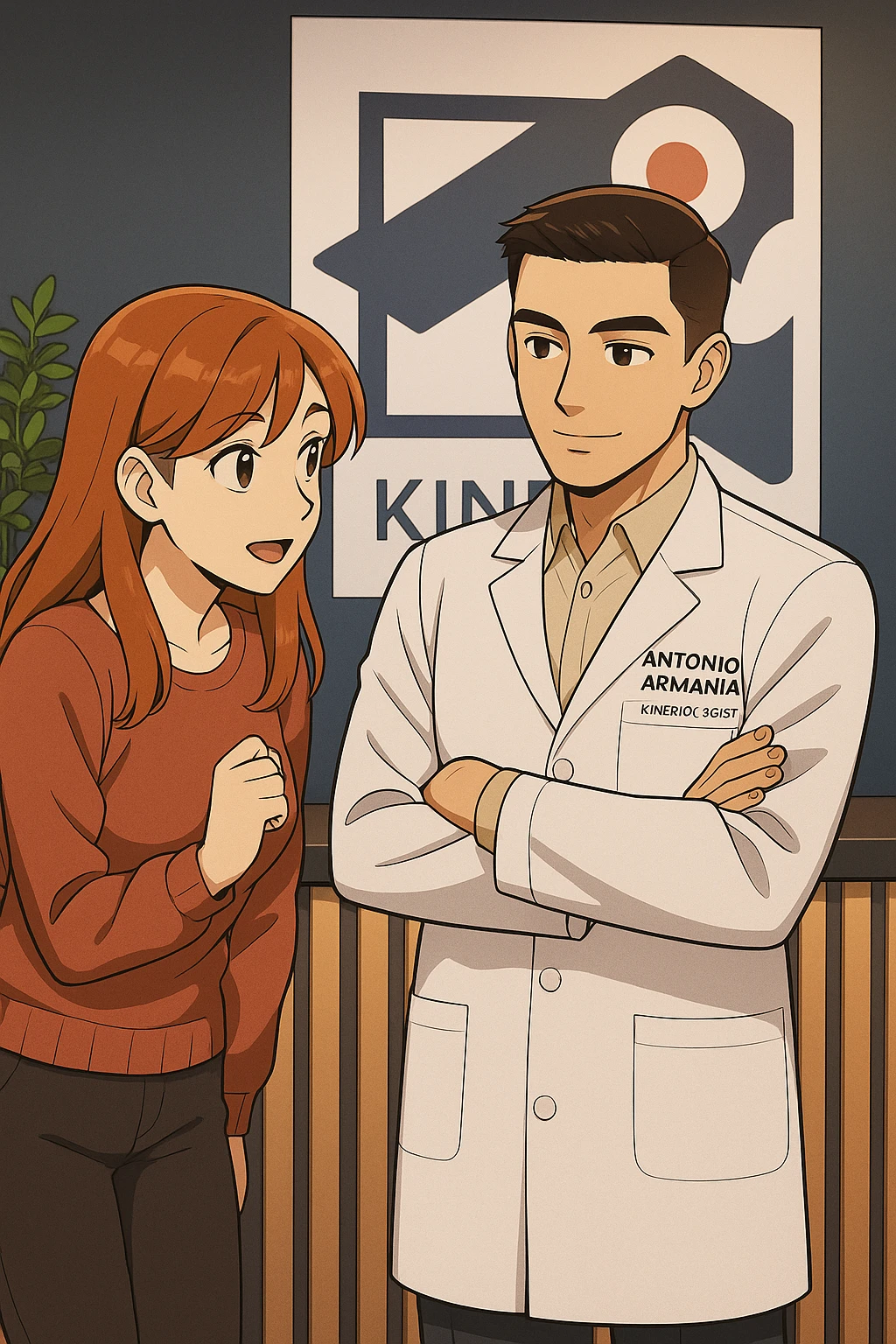 su questo stile fai un manga/webtoon a colori in cui una donna incuriosita fa una DOMANDA ALL'UOMO, l'uomo della foto in stile manga LE risponde, mantieni un ambiente simile alla foto che ho allegato con il suo logo (sarebbe il suo studio, lui è un kinesiologo), scrivigli "ANTONIO ANANIA" sul camice bianco, non mettere fumetti, ma fai in modo che sembri che la donna CHIEDA curiosa E L'UOMO le risponda emoji