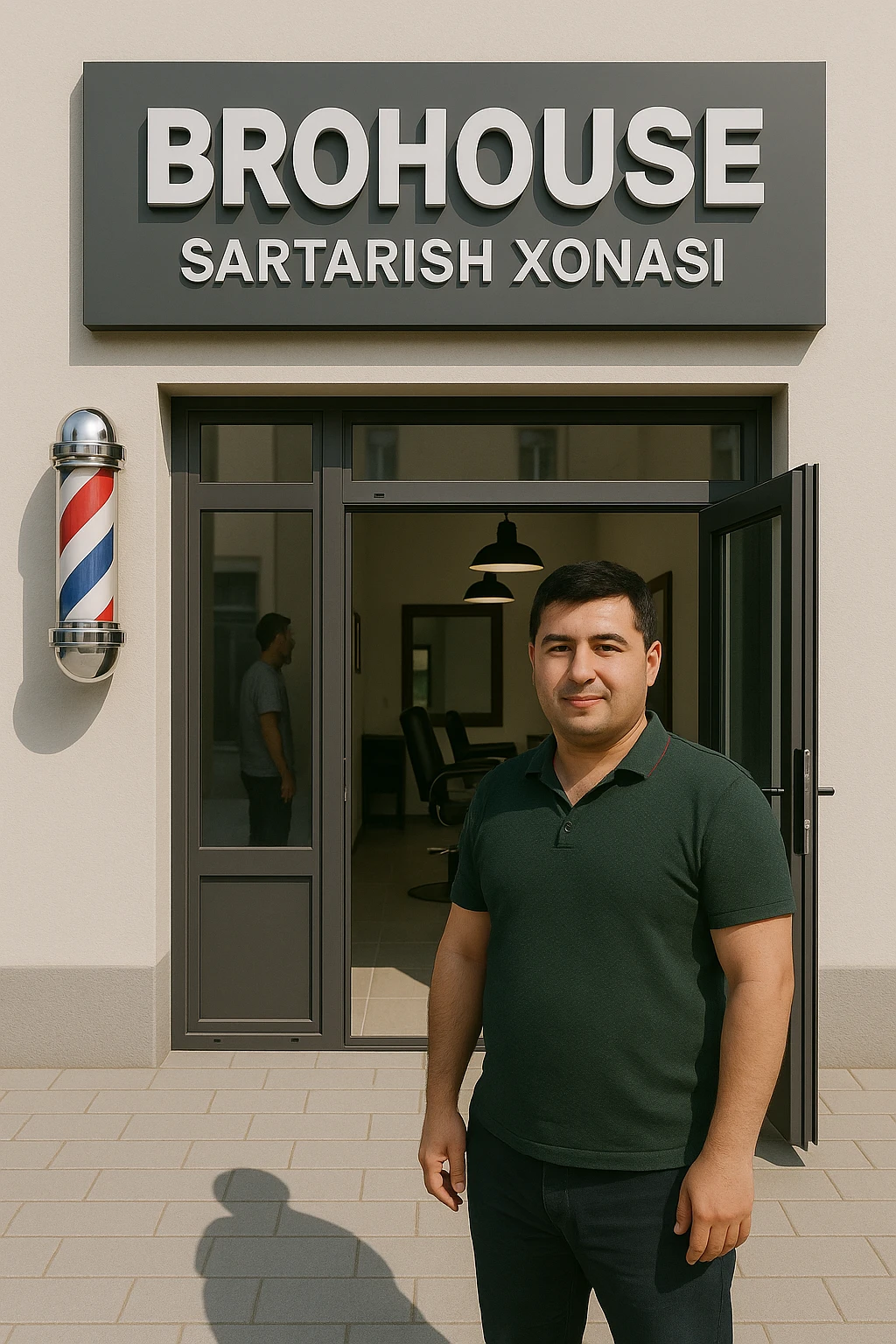 eni shu rasimga manashu odamga uxhshasin sartaosh eshik oldida tursin va tashqarida esa mijoz emoji