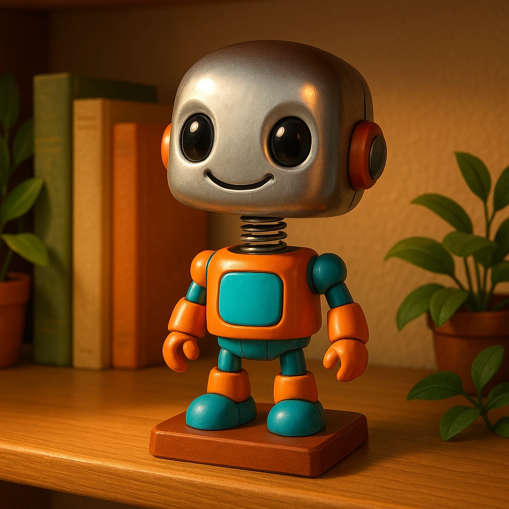 a robot bobblehead, metallic, friendly face, spring neck emoji