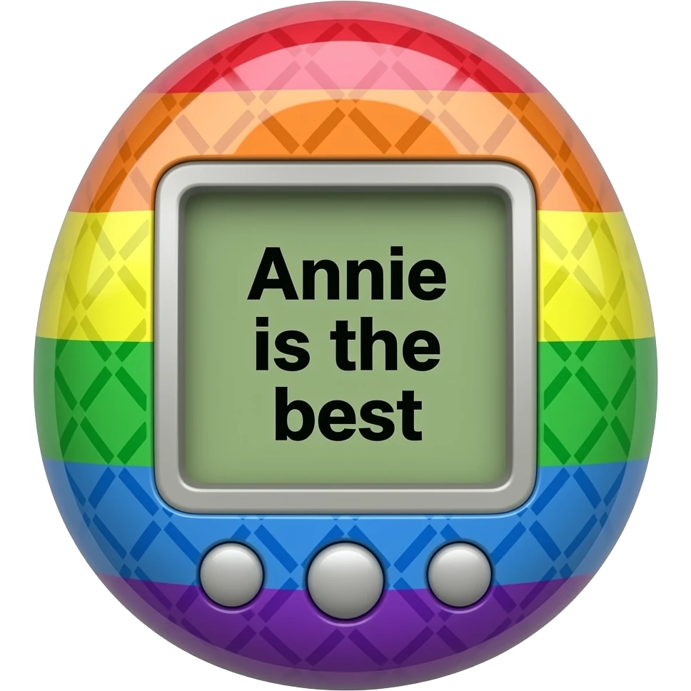 rainbow tamagotchi with pattern outside that says Annie is the best on the screen in black letters and no words on the outside top part emoji