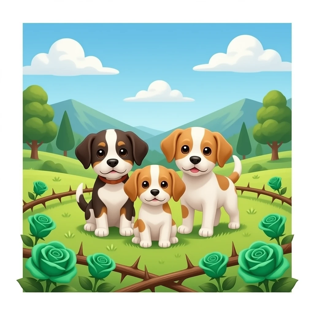 Puppies with emerald green roses and valley of thorns emoji