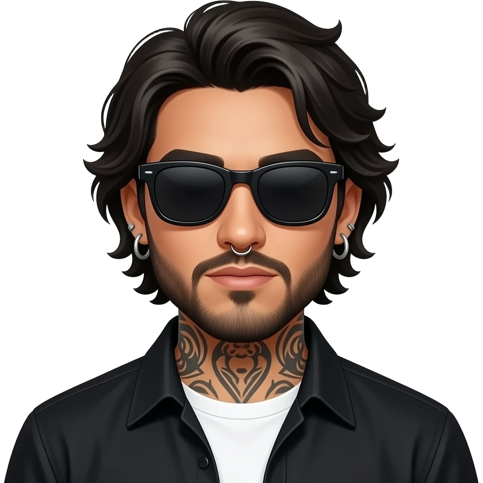 A handsome Latino man with medium length hair and beard and tattoos with a right nose hoop and a left earring hoop wearing all black with a white undershirt and black sunglasses emoji