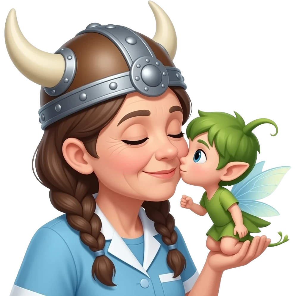 Viking hat gray braids old woman kissing pixie hair brunette elderly nurse emoji