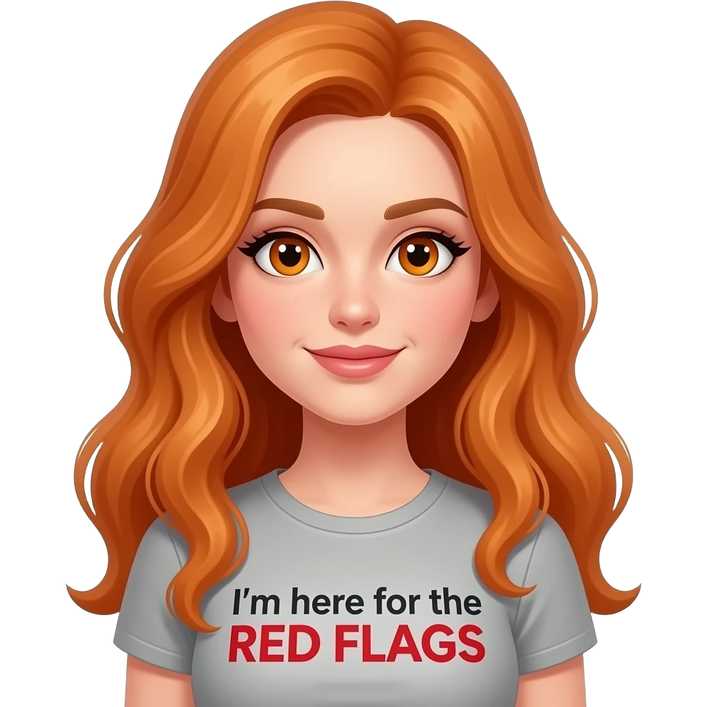 sexy girl with overlong ginger hair and ginger eyes a top with I'm here for the RED FLAGS written on it emoji