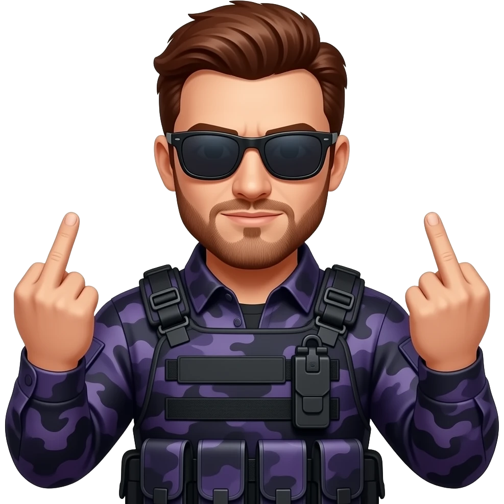 Man with dark reddish brown hair a five o clock shadow beard sunglasses and dark purple camoflage tactical gear giving the finger two times emoji