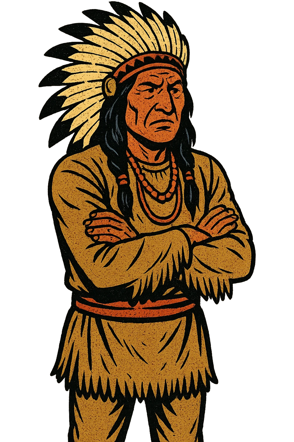 The full body of A native American Indian chief from the 1800s standing looking concerned with his arms crossed emoji