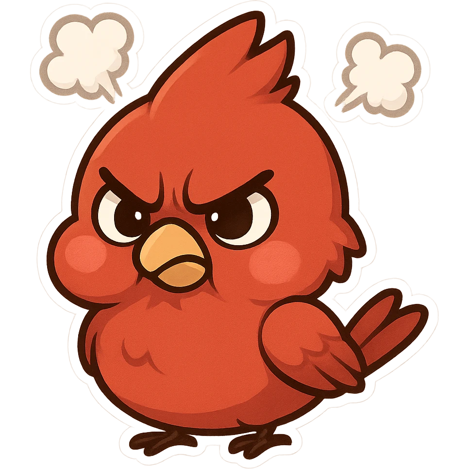 Chibi red male cardinal frowning with puffed cheeks and furrowed brows, steam puffs above head, angry but cute emoji. emoji