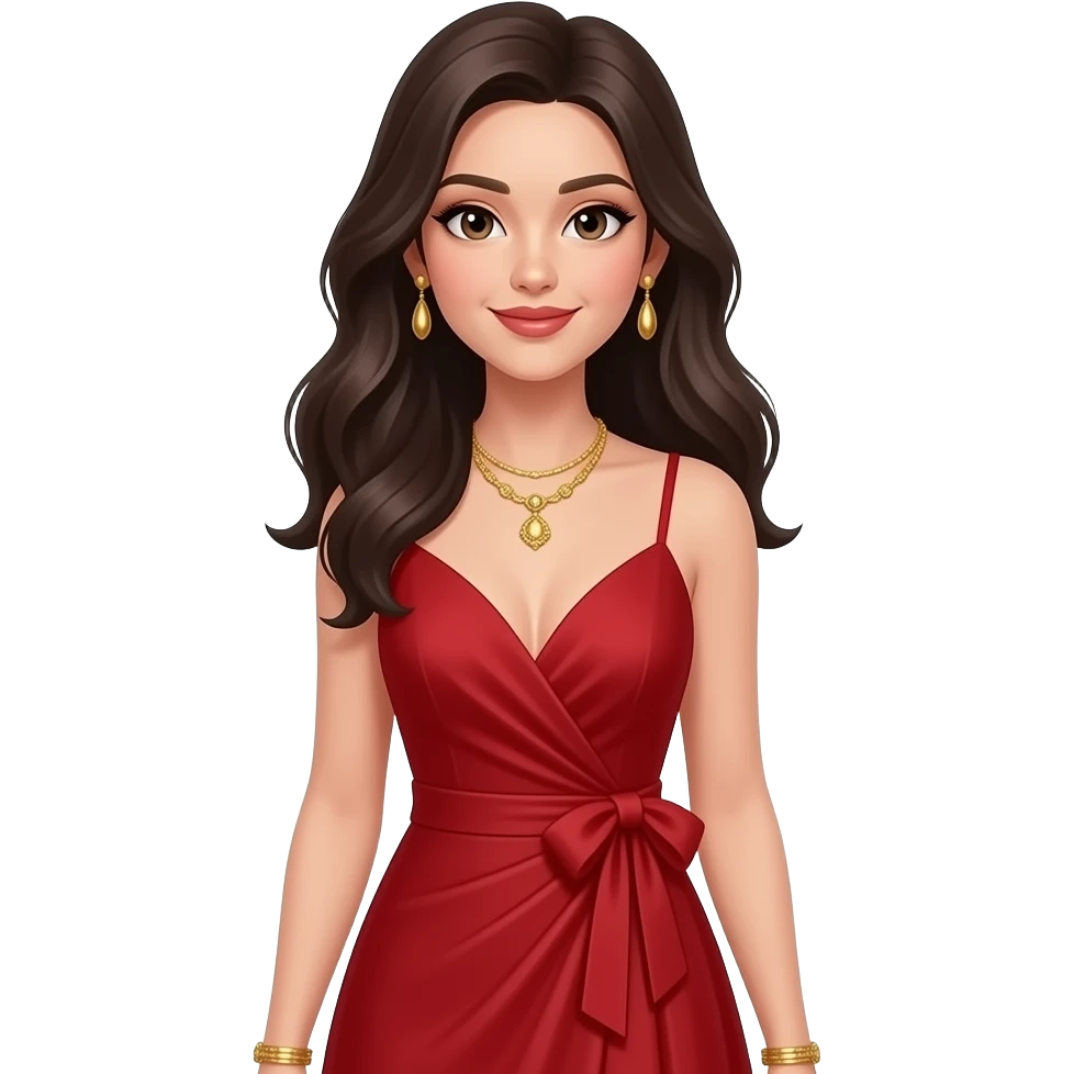 девушка с темными волосами с макияжем , золотыми украшениями в красивом красном платье в полный рост emoji