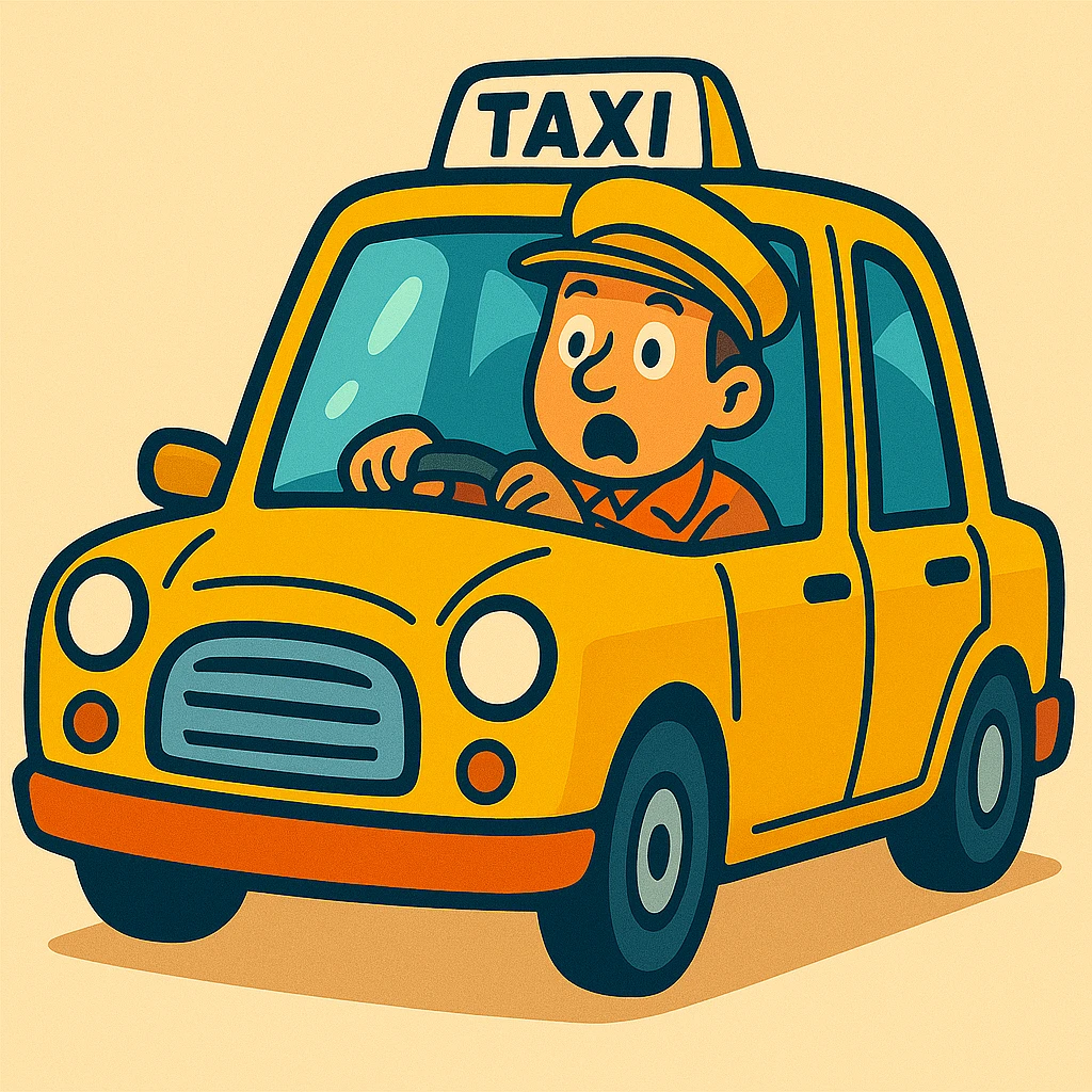 Cabbie in yellow taxi with a surprised expression, vibrant cartoon style. emoji