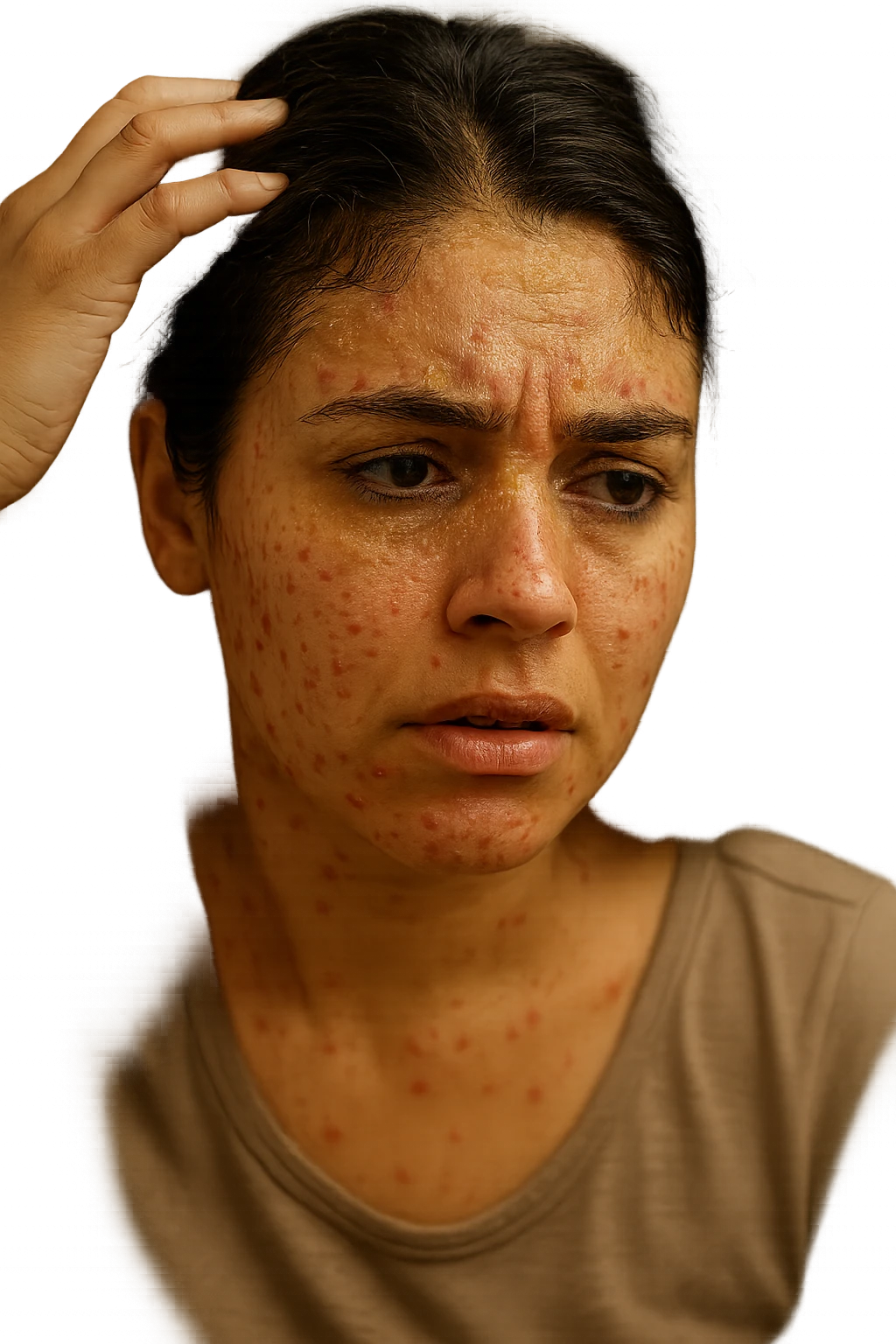 A highly realistic, cinematic close-up portrait of a young woman in her late 20s with medium skin tone, displaying visible folliculitis and seborrheic dermatitis. Small, red, inflamed follicular papules and pustules are scattered along her hairline, jawline, and upper neck, indicating folliculitis. Her scalp and areas around the nose and eyebrows show flaky, greasy yellowish scales, with redness and irritation, indicating seborrheic dermatitis. Her hair appears slightly greasy and clumps near the scalp, emphasizing excess sebum production. She gently touches her irritated scalp with concern while looking at herself in a softly lit bathroom mirror, expressing discomfort and frustration. The environment is neutral and clean, with daylight softly illuminating the scene to highlight the skin and scalp texture. The style is 35mm hyperrealistic, with warm neutral tones and shallow depth of field to maintain focus on her skin, inflammation, and emotional expression, visually explaining the physical discomfort and aesthetic concerns of living with folliculitis and seborrheic dermatitis emoji