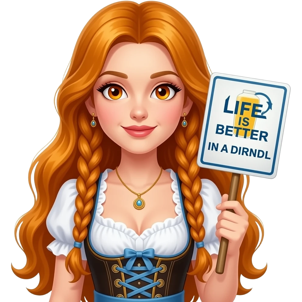 sexy girl with overlong ginger hair in braids and ginger eyes wearing a dirndl holding a LIFE IS BETTER IN A DIRNDL sign emoji