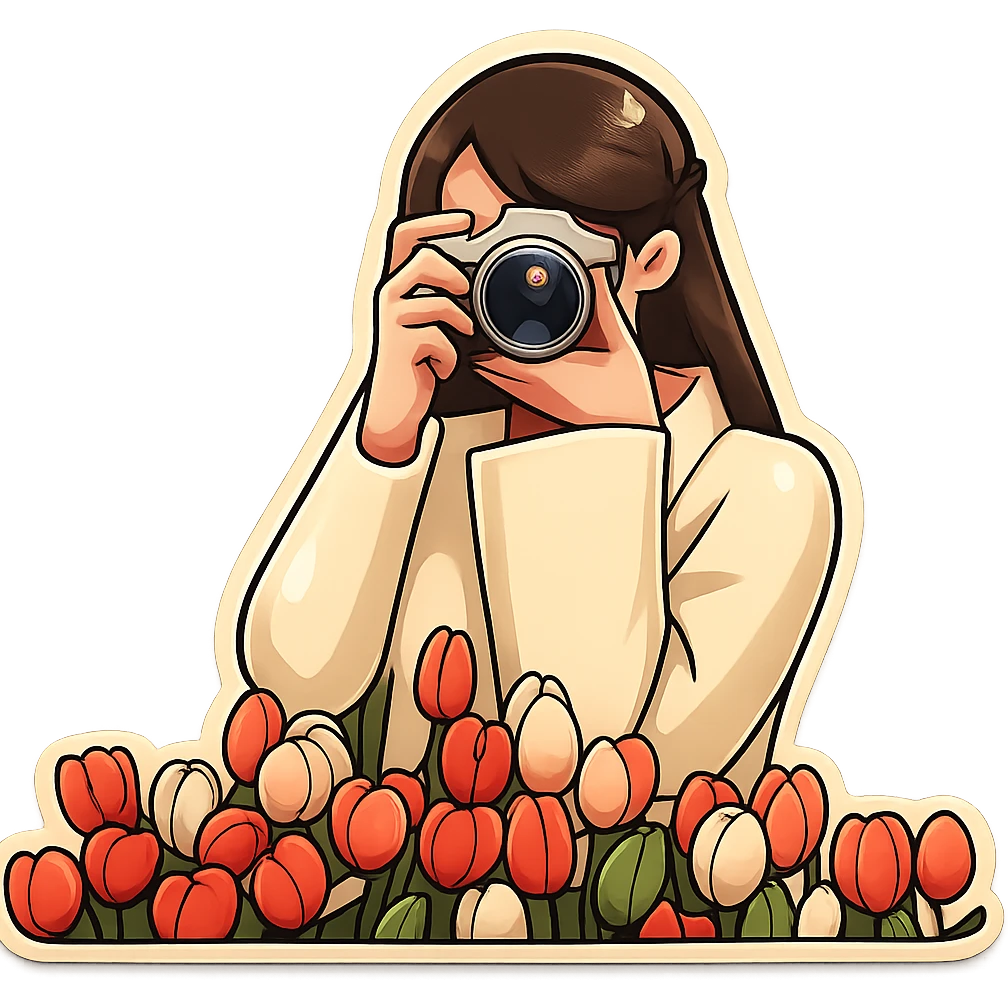 A girl with a camera in retro sticker style, with clear bold outlines, expressive shadows and highlights. The illustration should be vibrant and playful, with a focus on the camera and the girl's pose. Match the style of the reference image. emoji