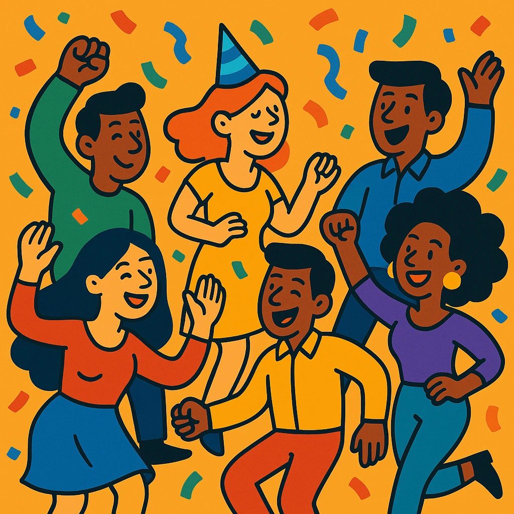 Another group of people dancing and celebrating at a party, confetti in the air, vibrant cartoon style, different poses and outfits from the original. emoji