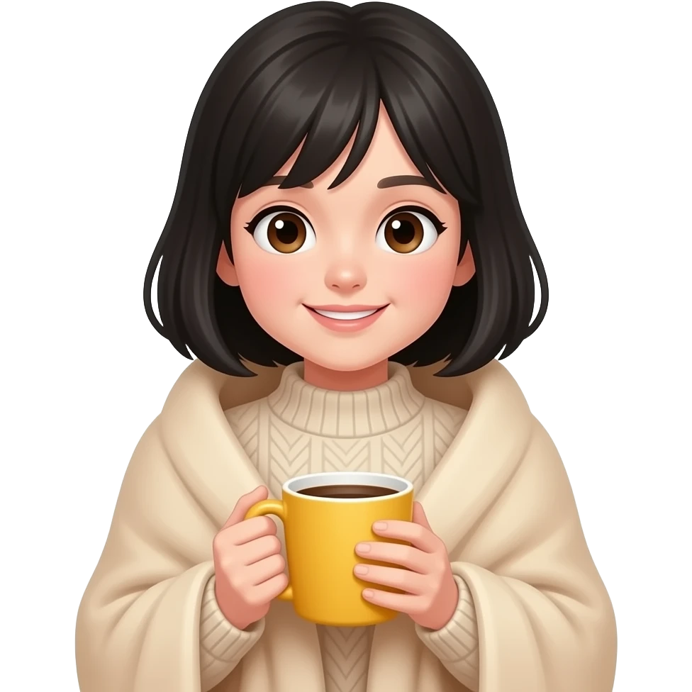 A cute white girl with black hair, with a beige blanket, beige sweater, and a coffee in a yellow mug, very cozy and autumnal, iPhone emoji style emoji