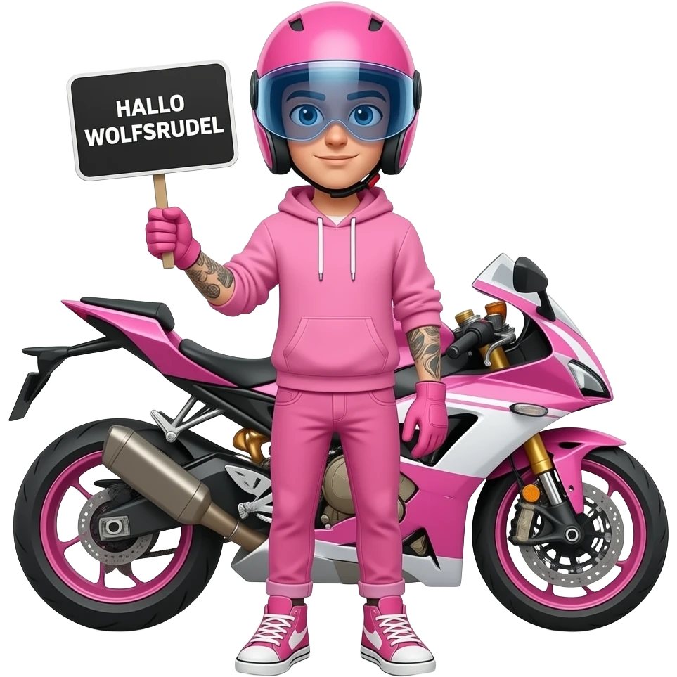 young man with pink jeans and a pink hoodie wearing white pink sneakers and pink gloves, tattoos on both forearms also he wears a pink motorcycle helmet with dark full vision and stands in front of a pink white motorcycle, is holding a black sign with HALLO WOLFSRUDEL written on it emoji