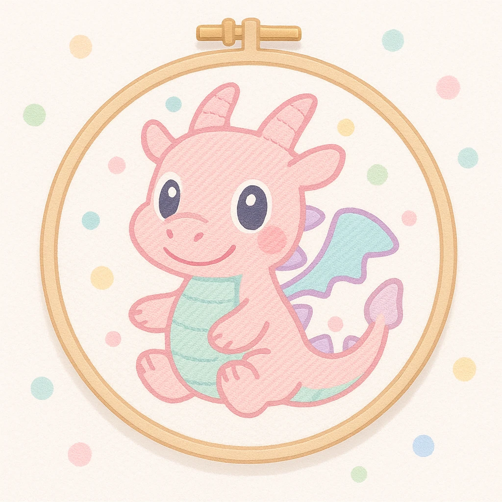an embroidery frame with a playful dragon embroidered, Animal Crossing style, soft and cute emoji