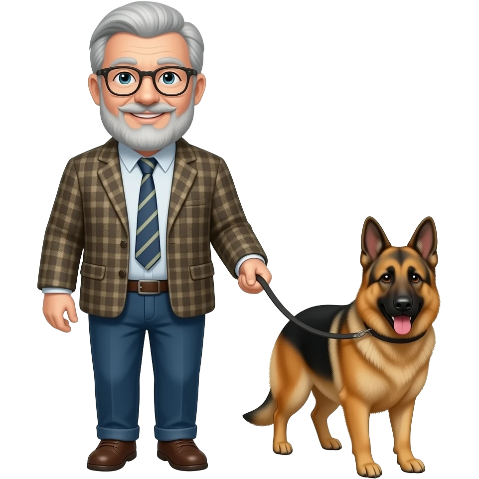 Emoji of an Older  man with  gray hair beard and glasses Man walking shepski dog on a leash emoji emoji