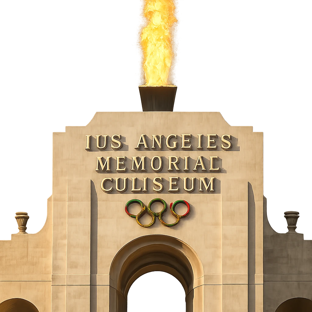 Add bright fire coming up from the Olympic Torch in the middle of the Los Angeles Memorial Coliseum. Keep the realistic white stone, majestic ornate architecture, lifelike detail, and regal lighting. The background should be transparent. The style should be realistic and detailed to match the original image's majestic and regal atmosphere. emoji