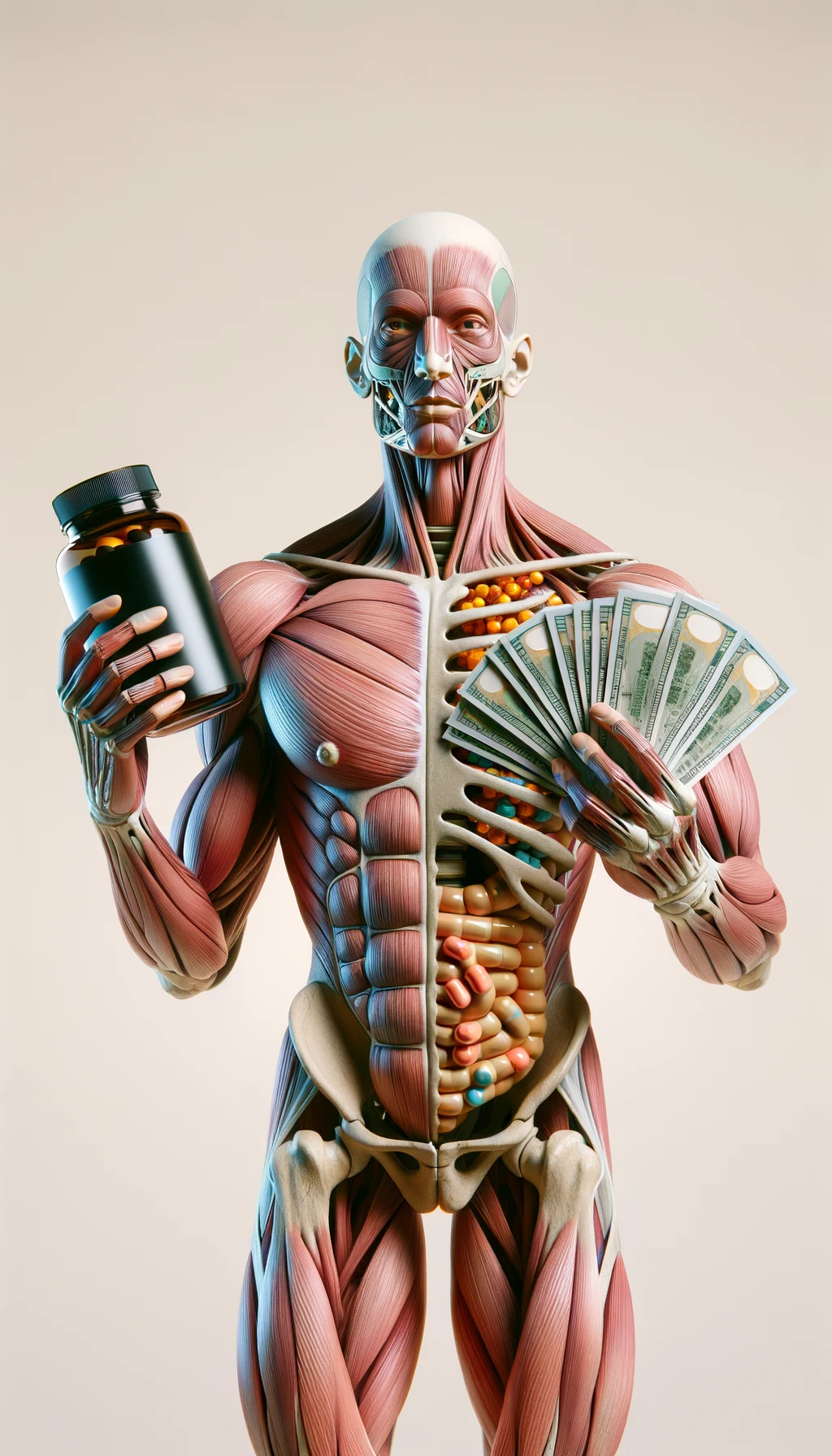 corpo umano anatomico che tiene nella mano destra una boccetta di integratore e nella mano sinistra delle banconote, sfondo neutro chiaro emoji