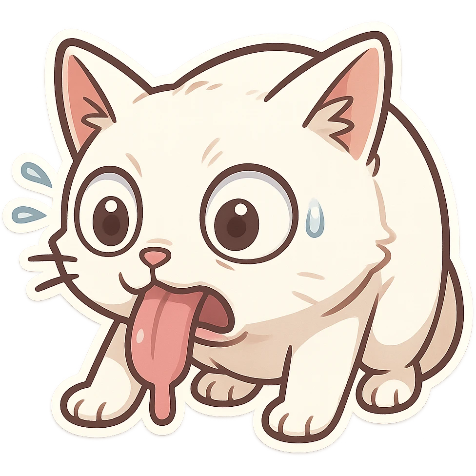 A white cat in a vomiting state with its tongue hanging out and its eyes bulging emoji