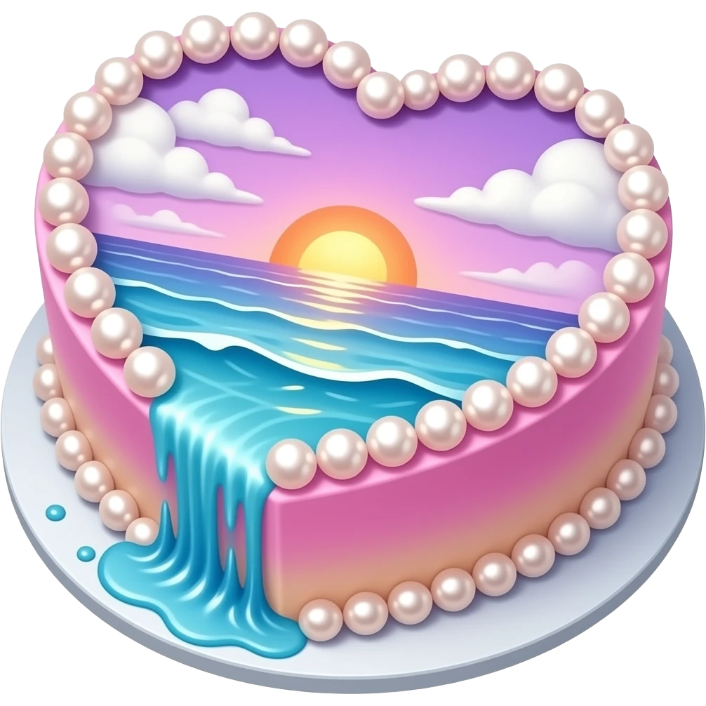 A beautiful heart cake with pearls and ocean water washing up as icing on the cake with clouds and a sunset and the majority of the cake is pink purple and blue with a hint of orange emoji