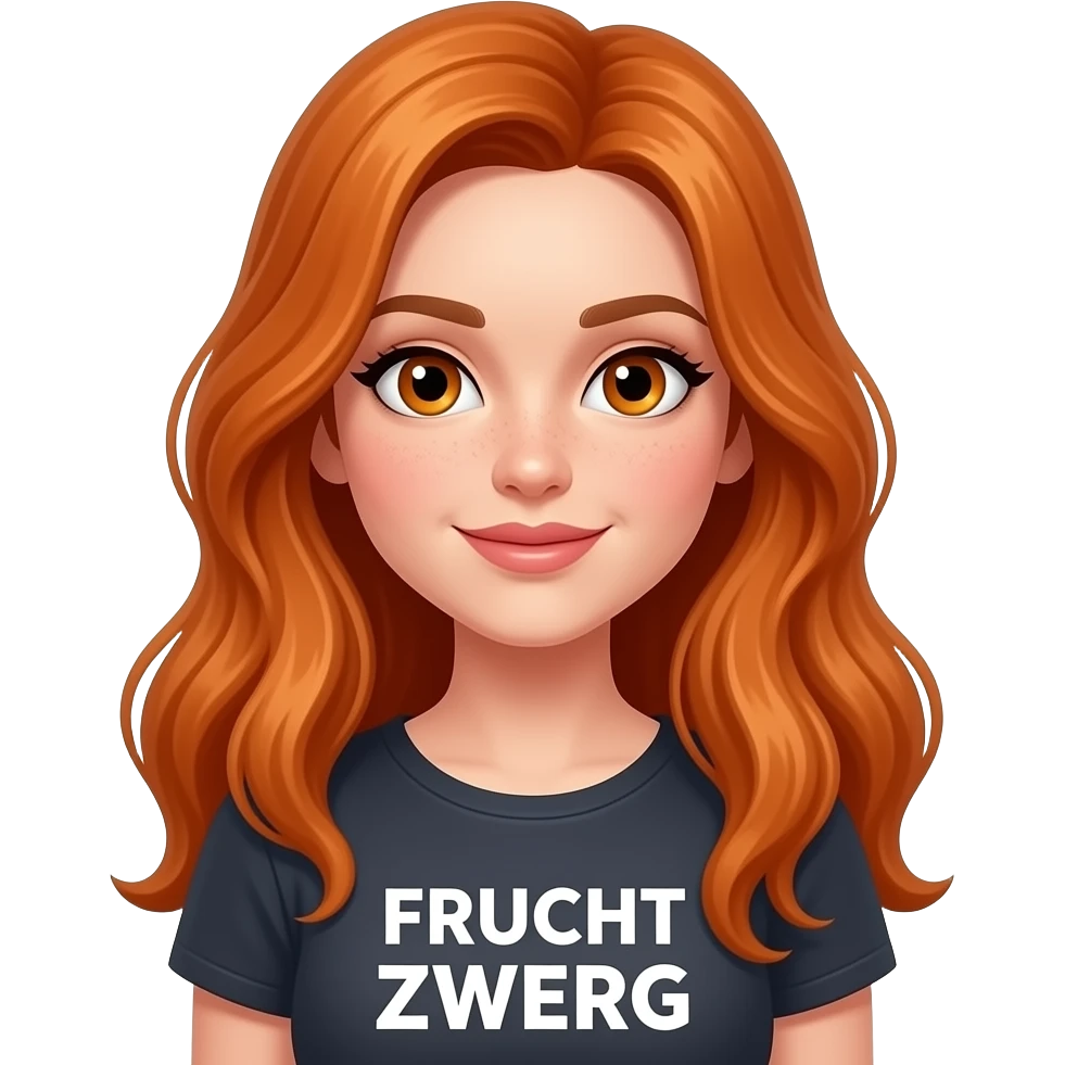 sexy girl with long ginger hair and ginger eyes a top with FRUCHT ZWERG written on it emoji
