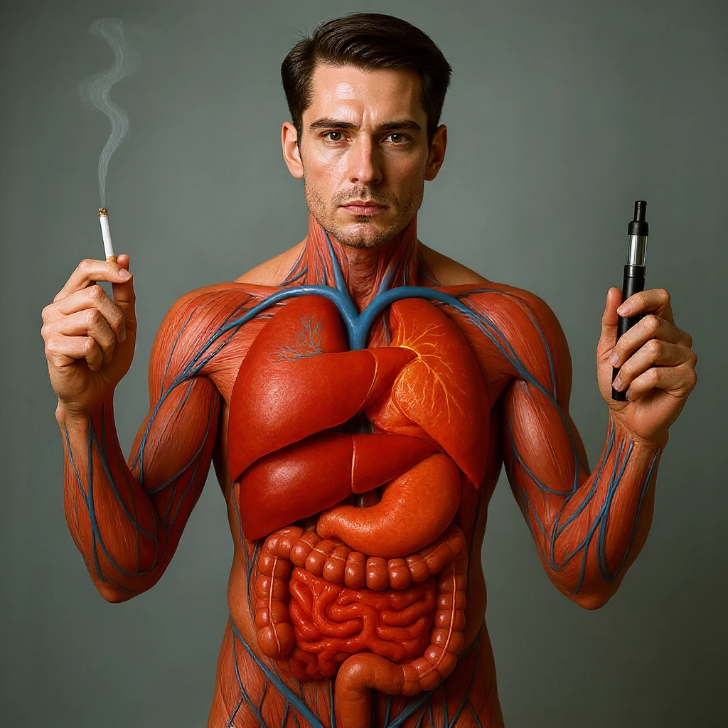 Hyperrealistic 4K vertical 9:16 medical illustration, realistic human anatomical body, inflamed liver and intestines highlighted, man holding a lit cigarette in the right hand and an electronic cigarette in the left, style identical to the reference image. emoji
